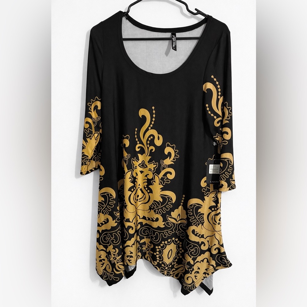 NWT White Mark Tunic Top Large Black Tan Boho Flowy 3/4 Sleeve